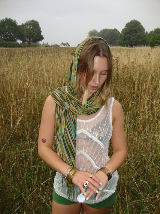 Green and brown striped tassel scarf wrap