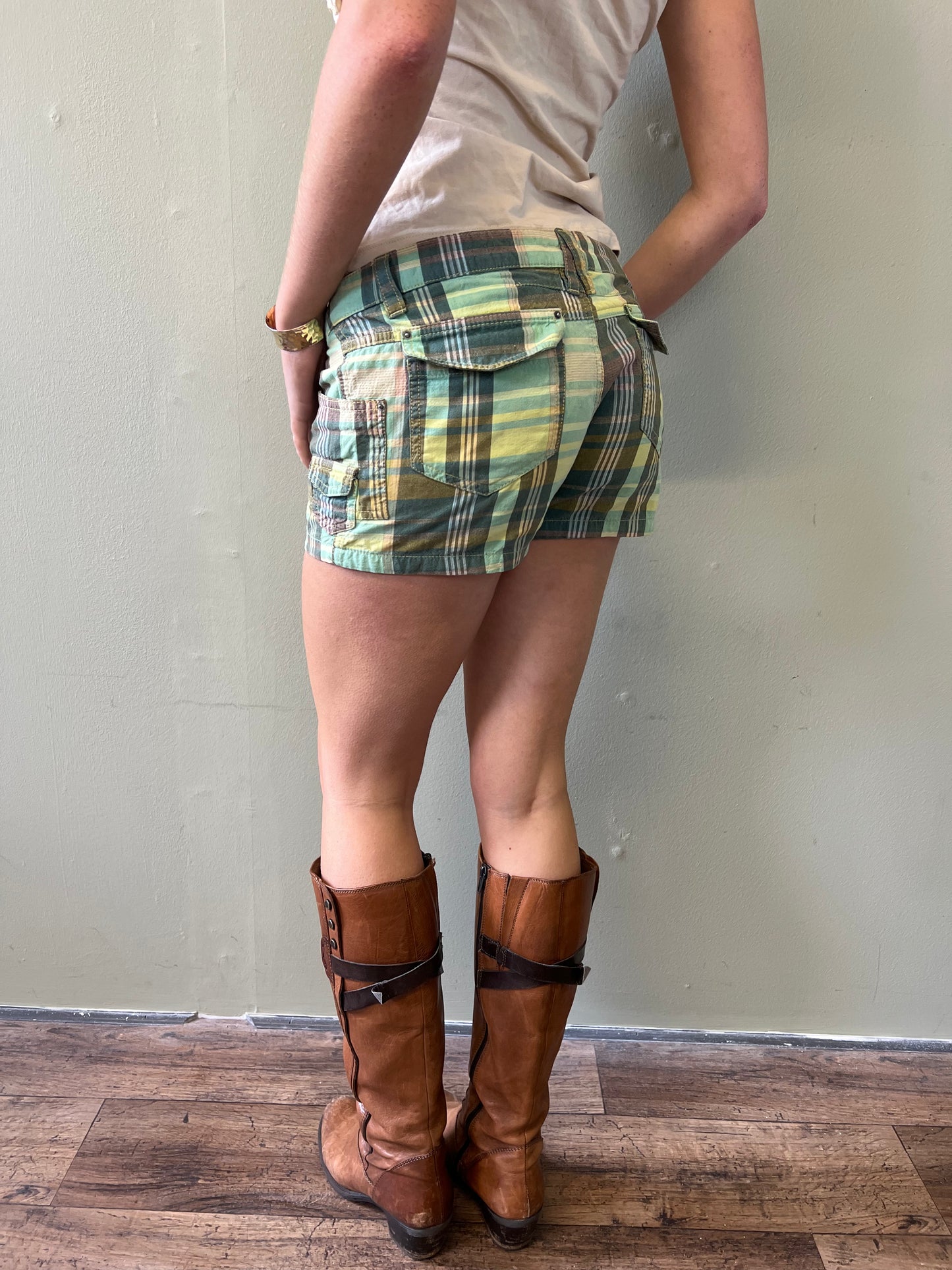 green plaid mini shorts