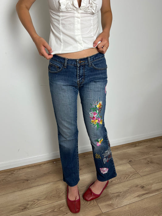 Vintage floral embroidered jeans, M