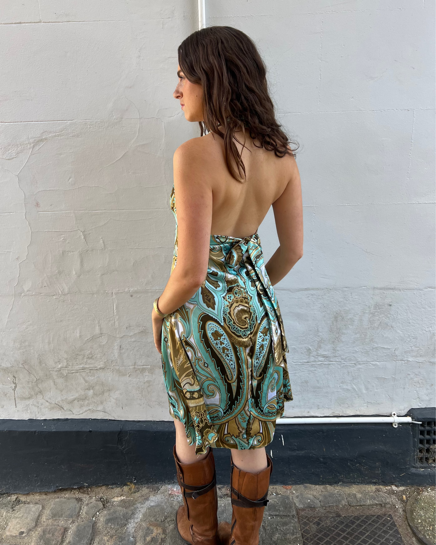 Blue and brown paisley print midi dress