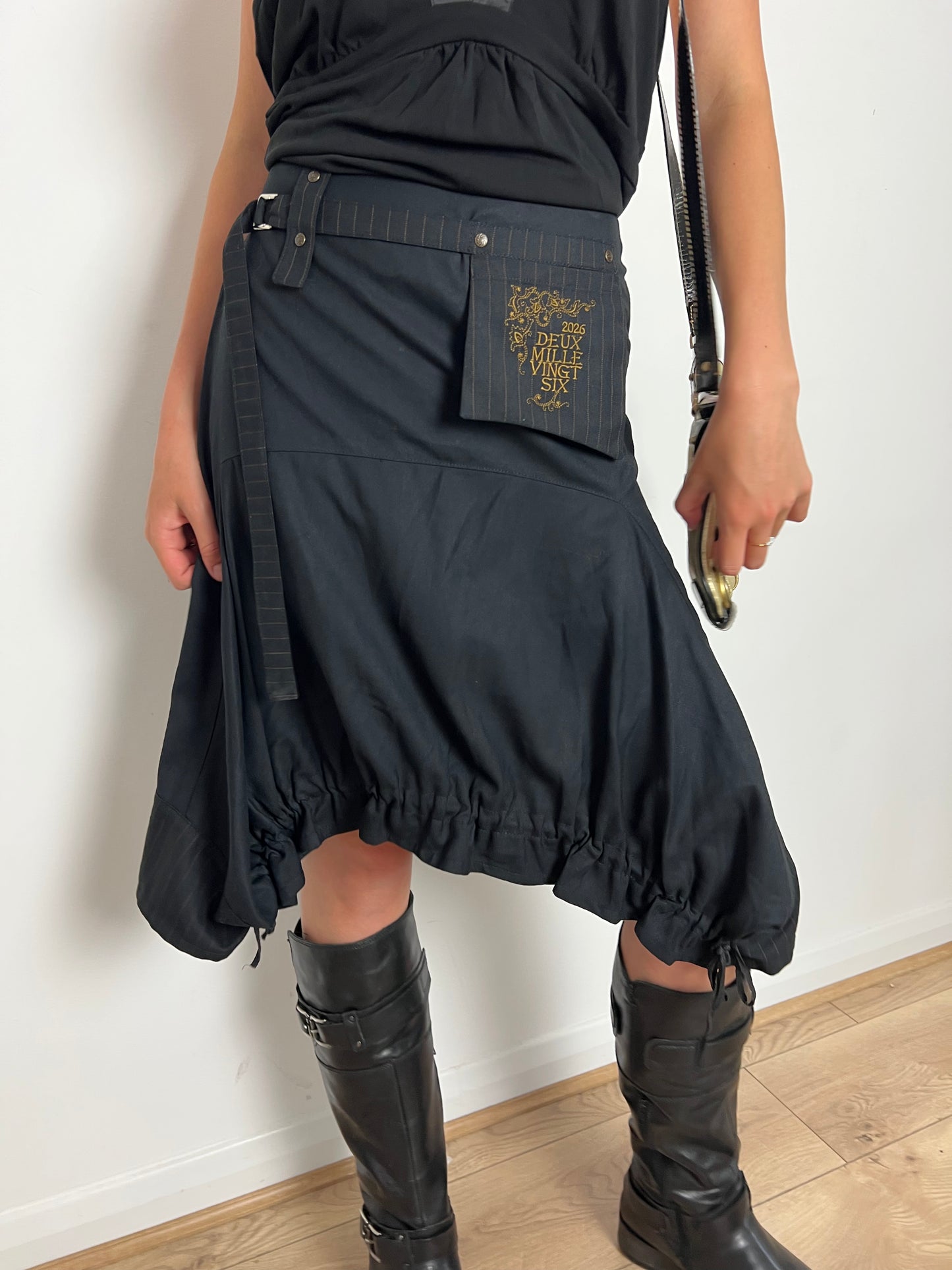 Deux Mille Vingt Six black asymmetrical bubble skirt, XS/S