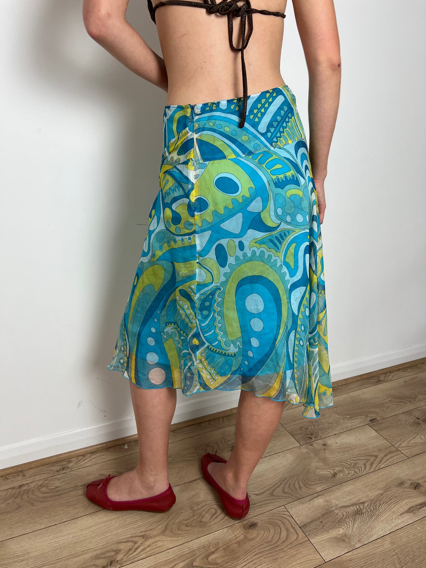 Vintage blue paisley print silk skirt, M