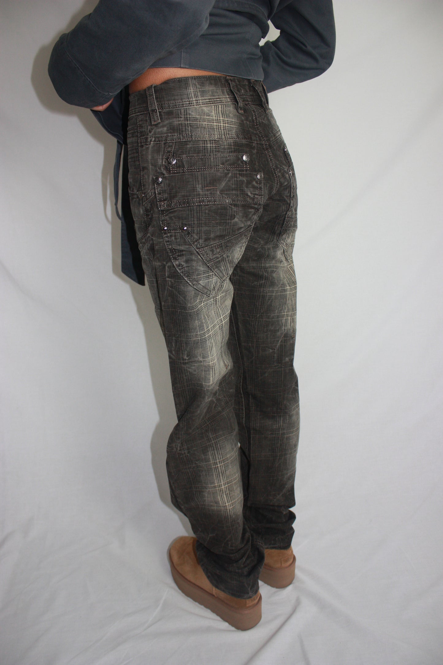 plaid studded jeans, S
