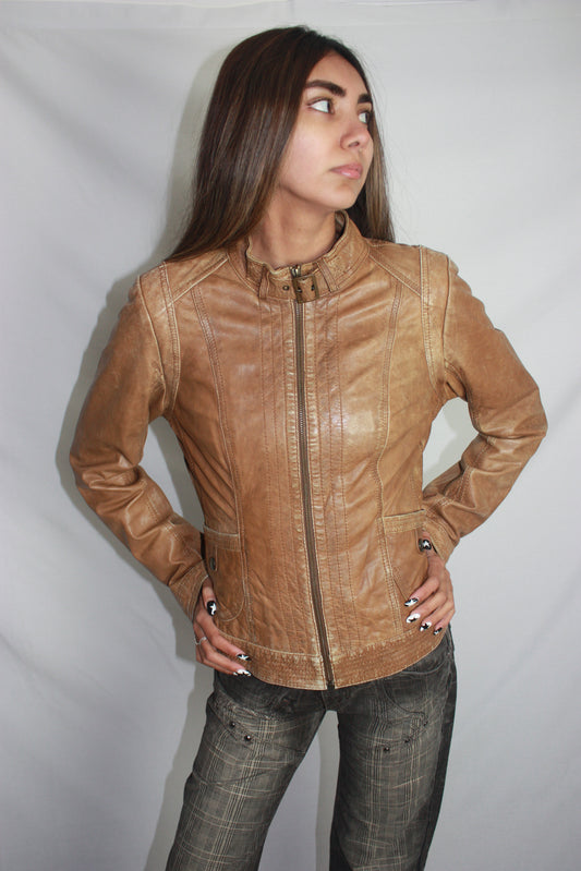 promod brown leather jacket, S/M