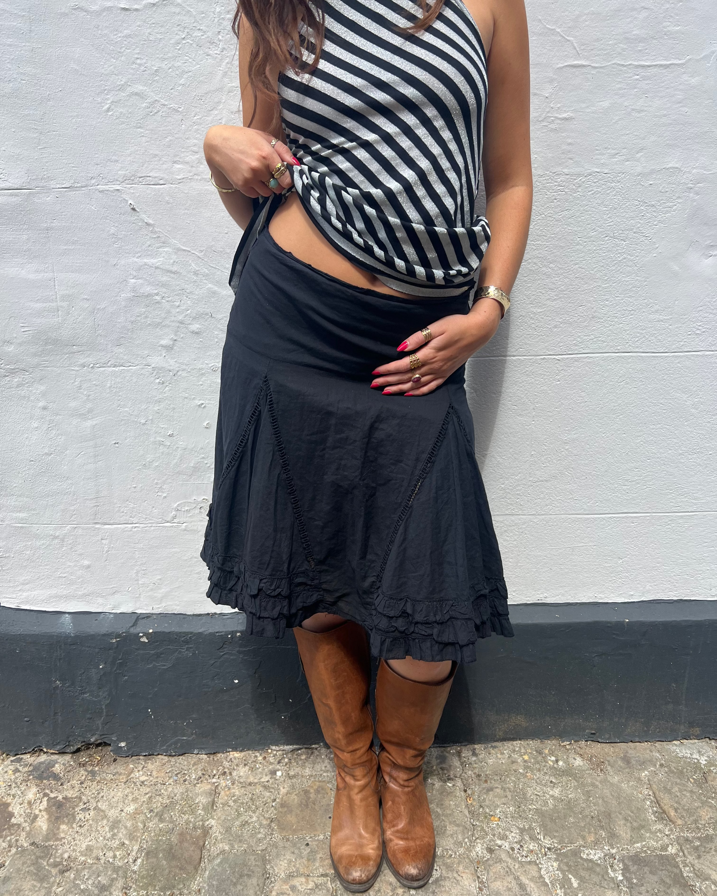 Black ruffle midi skirt