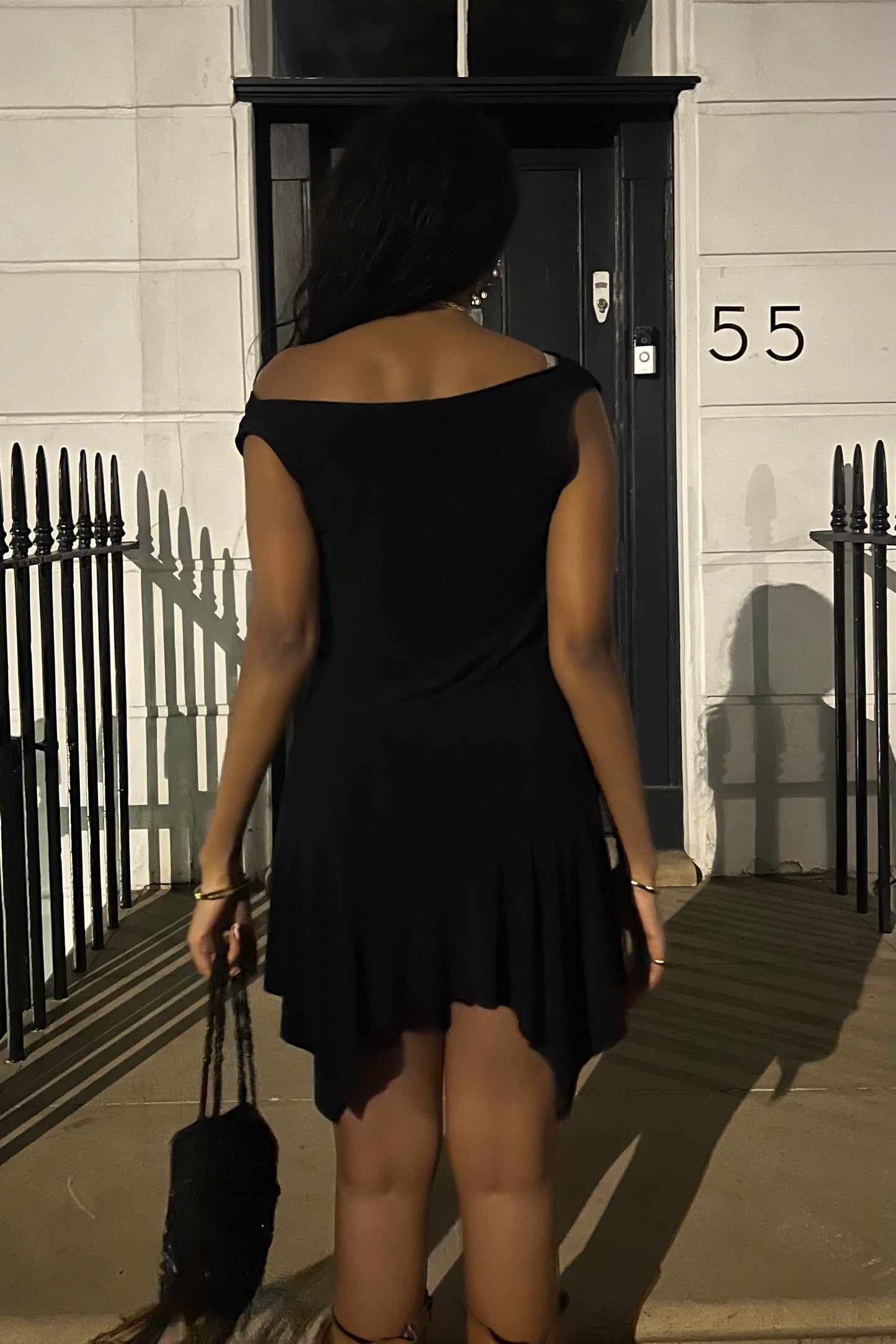 black asymmetrical mini dress