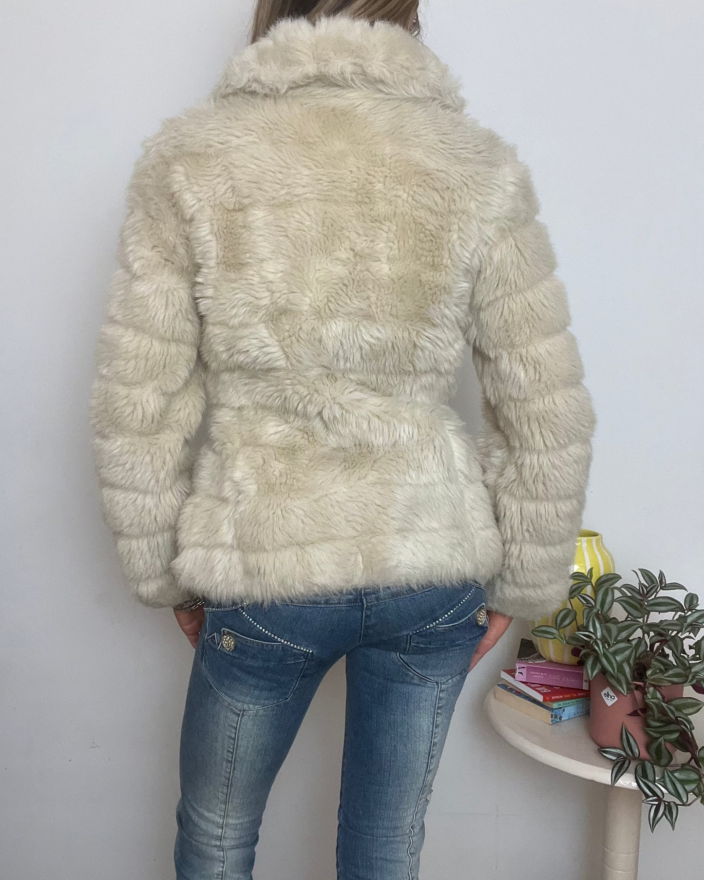 cream faux fur zip up jacket
