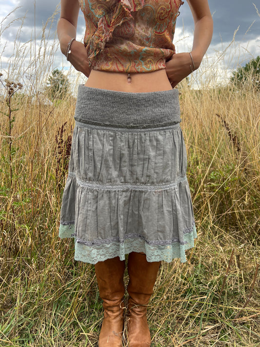 Grey tiered ruffle midi skirt
