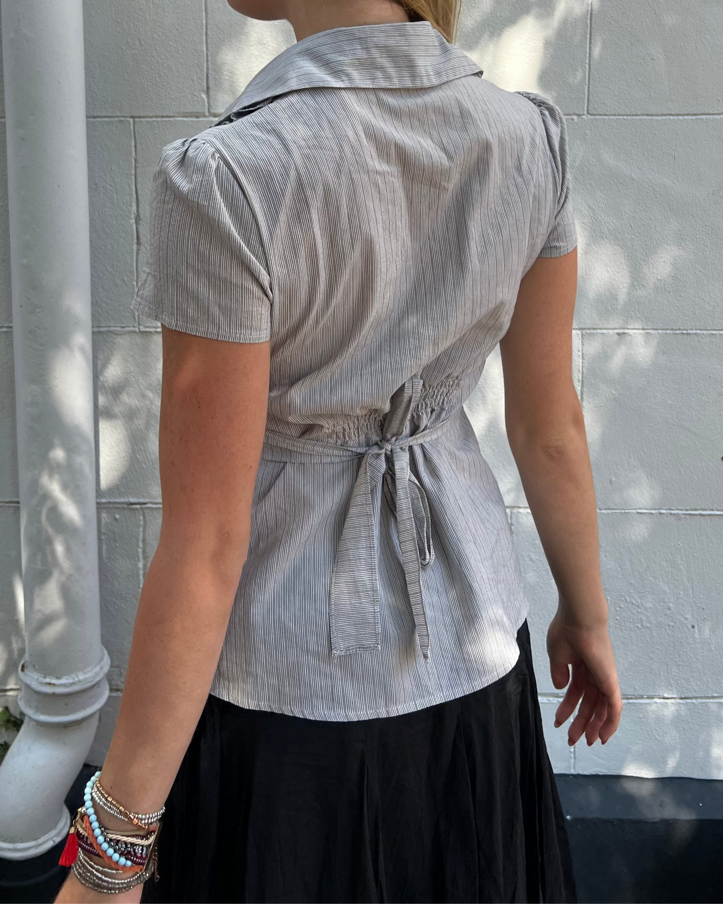 Stripy ruffle button up blouse