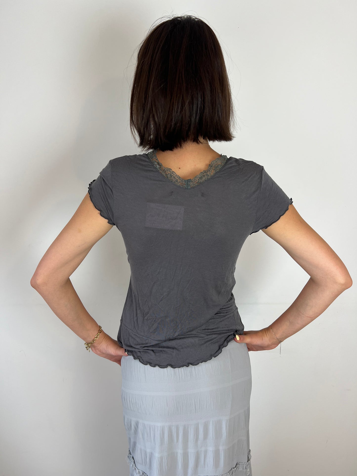 Vintage grey lace trim top, S/M
