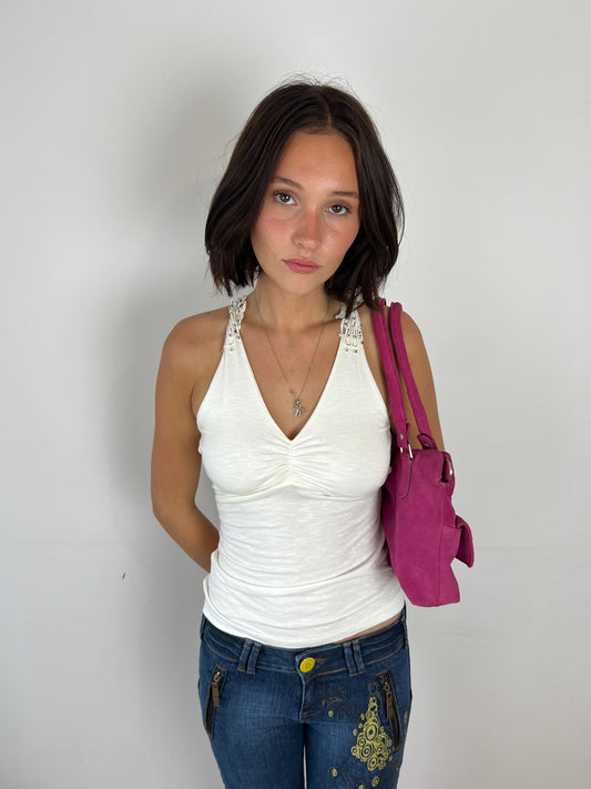 Vintage lace cutout white top, S