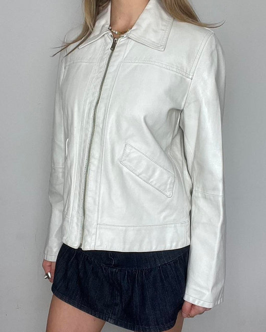 white genuine leather zip up jacket