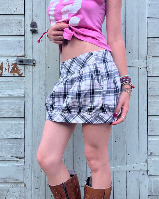 Pink and grey plaid mini skirt
