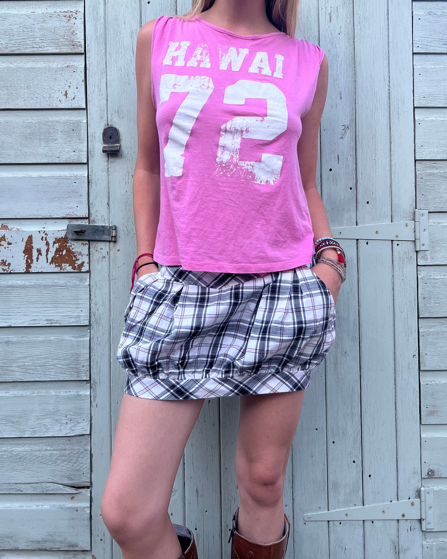 Pink and grey plaid mini skirt