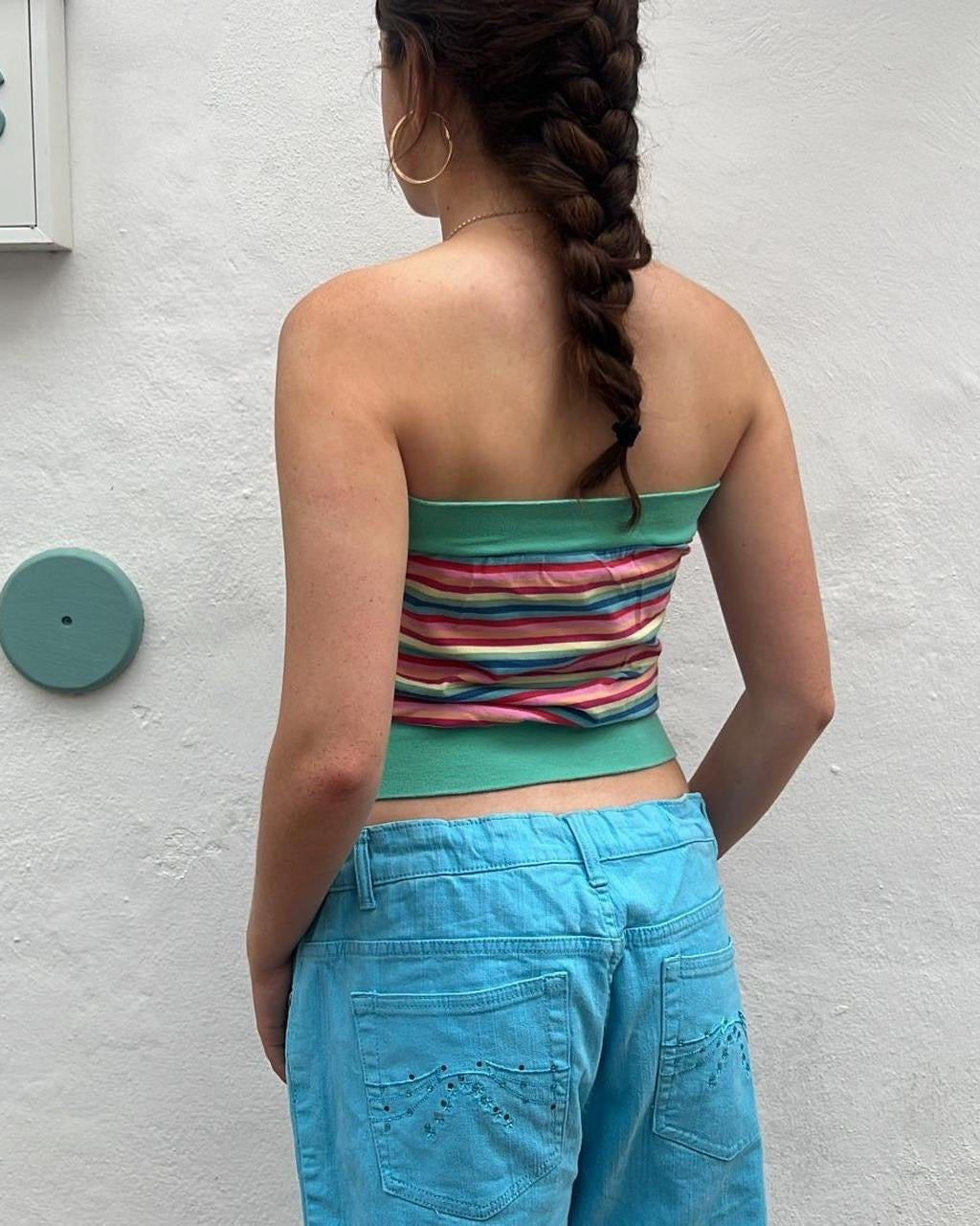 Pink and blue striped bandeau top