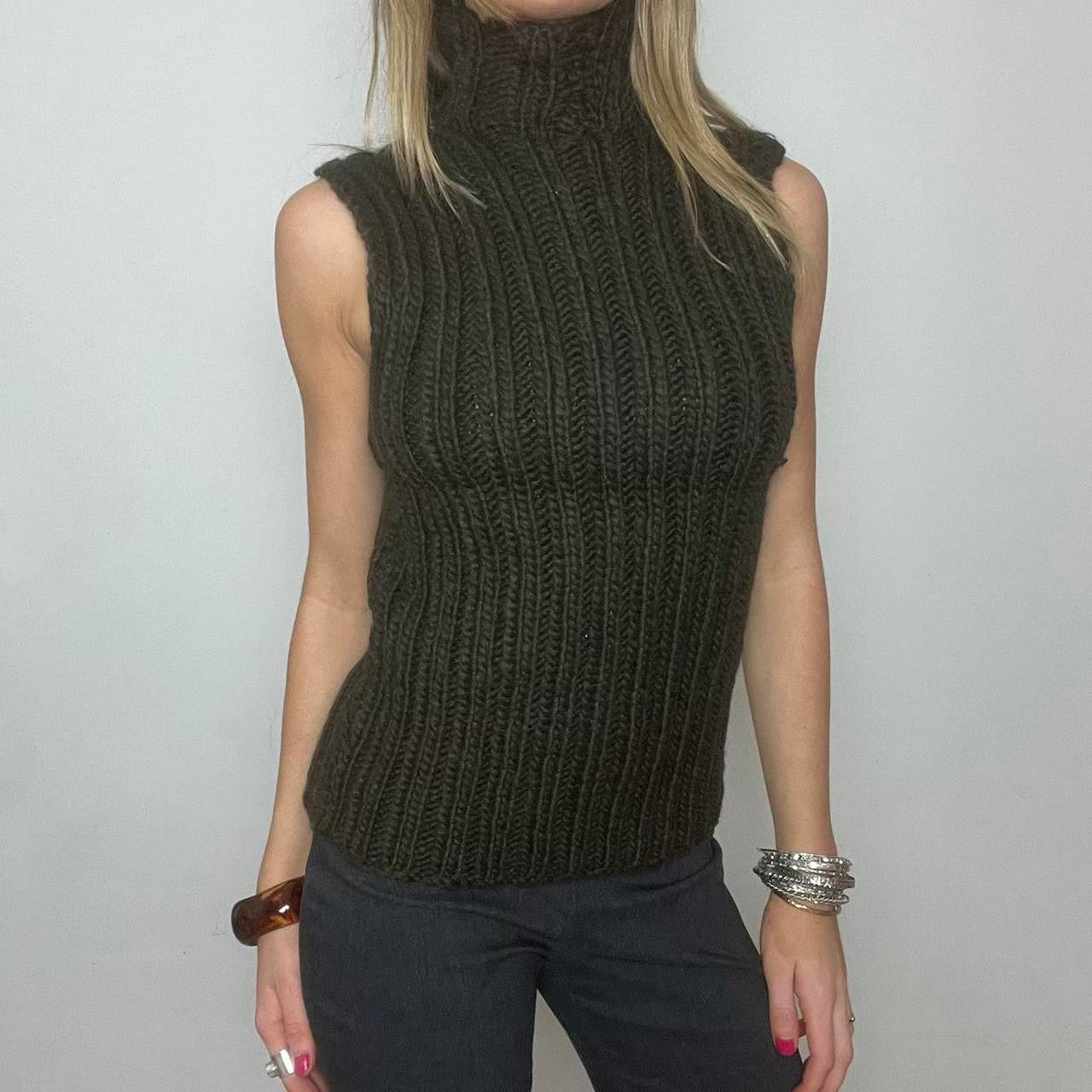 khaki turtleneck knit sleeveless jumper