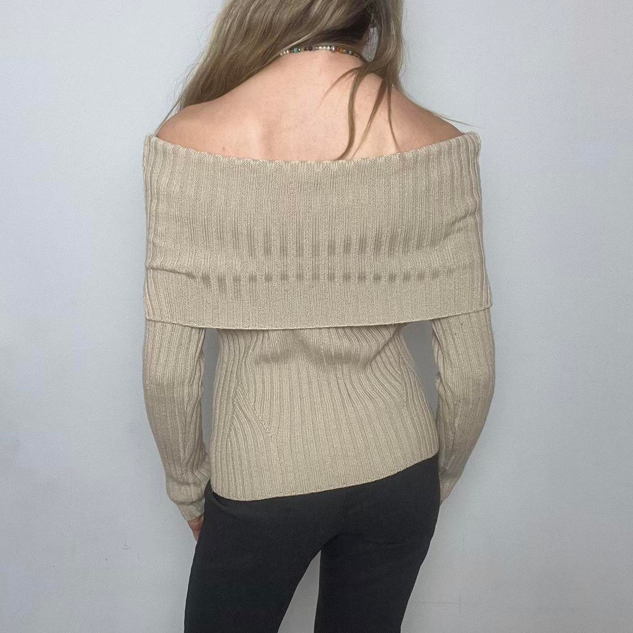 cream off the shoulder knit ribbed jumper