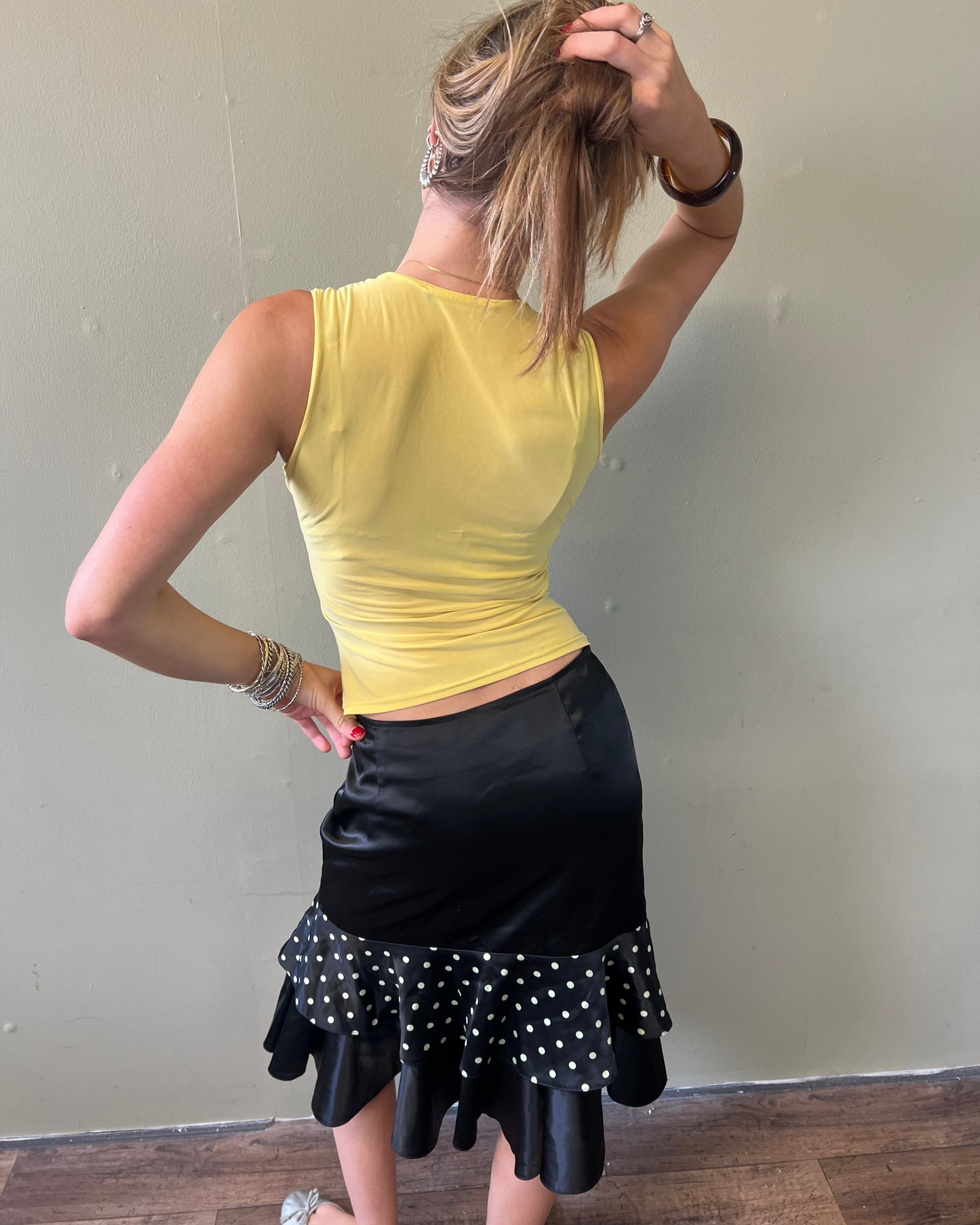 vintage 00s polka dot ruffle midi skirt