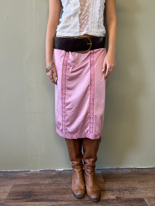 pink lace midi slip skirt