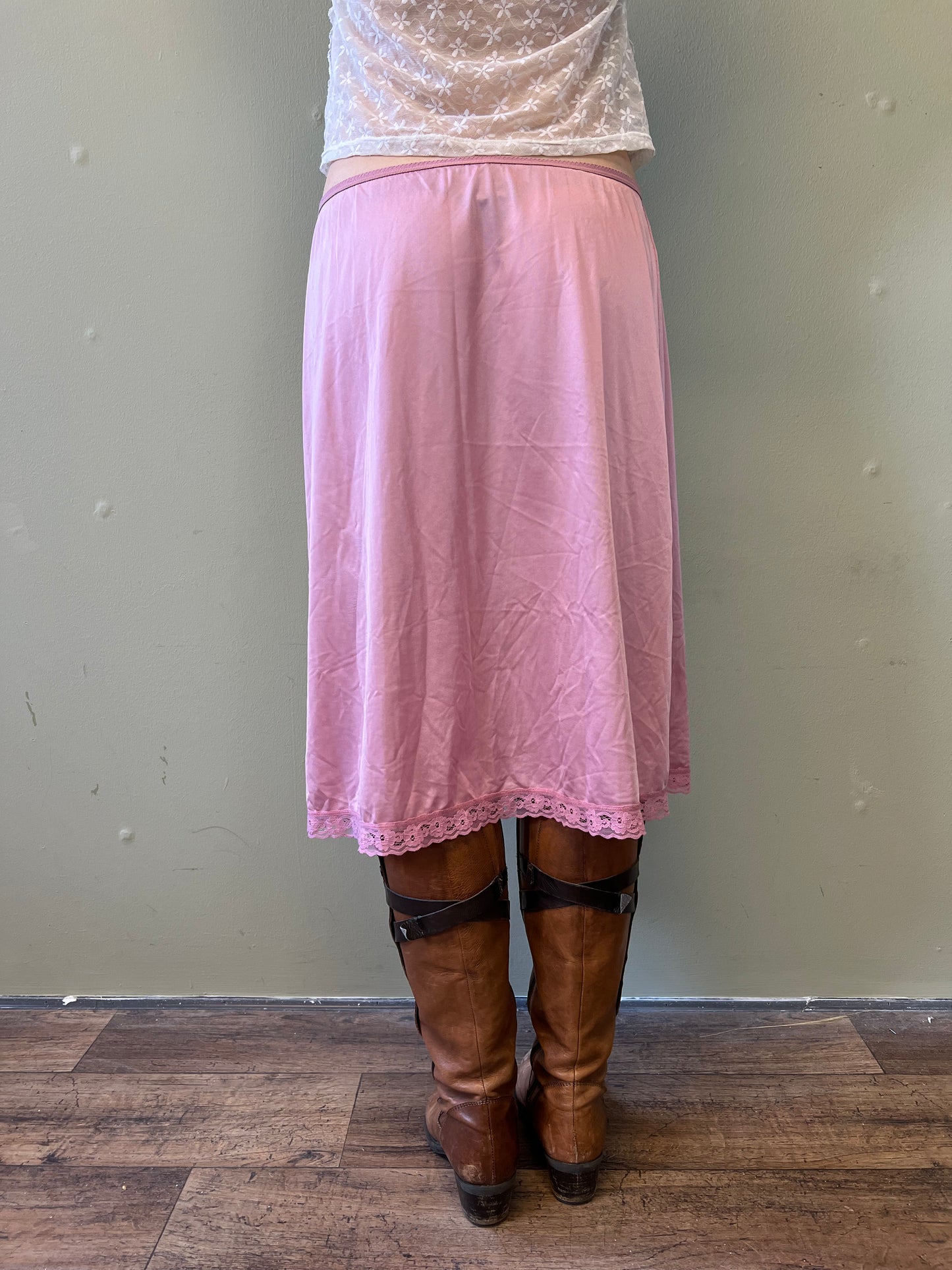 pink lace midi slip skirt