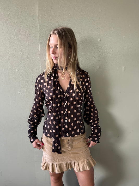 vintage 00s brown polka dot blouse with scarf