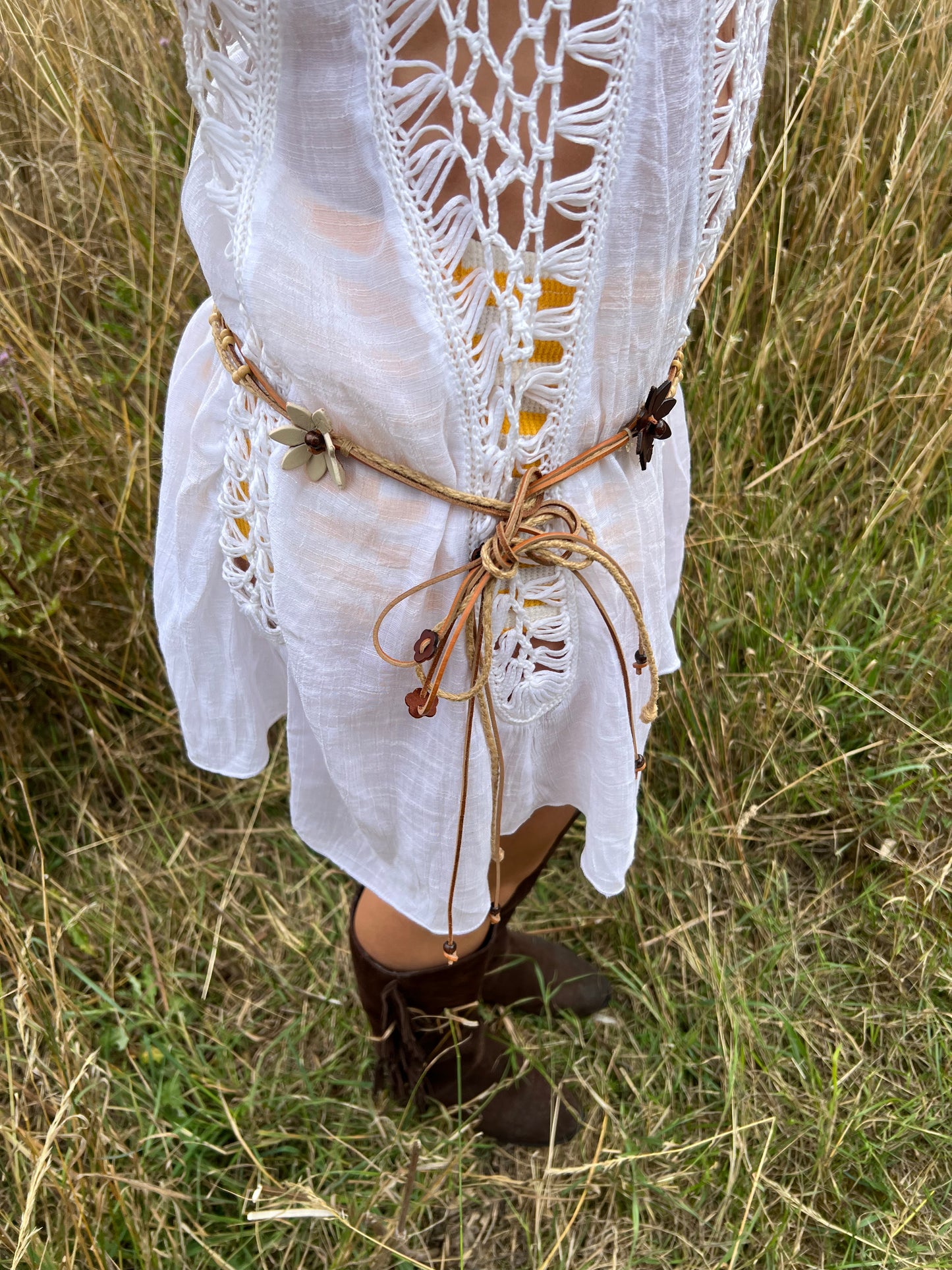 Brown flower beaded tie belt