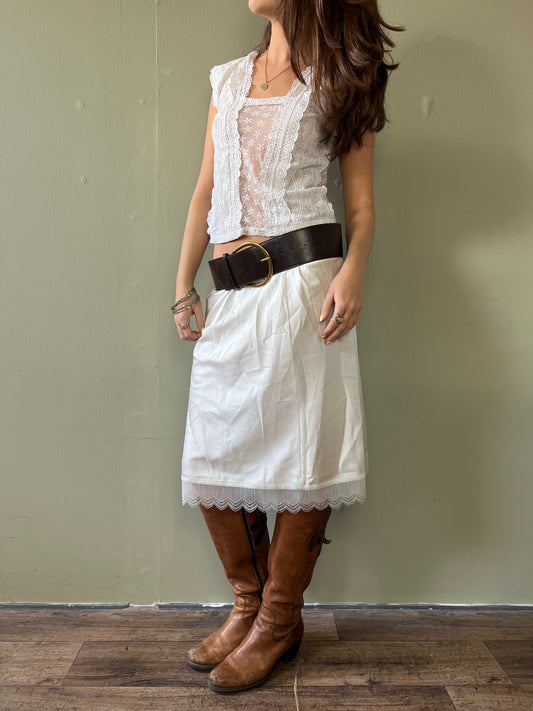 white lace trim midi slip skirt