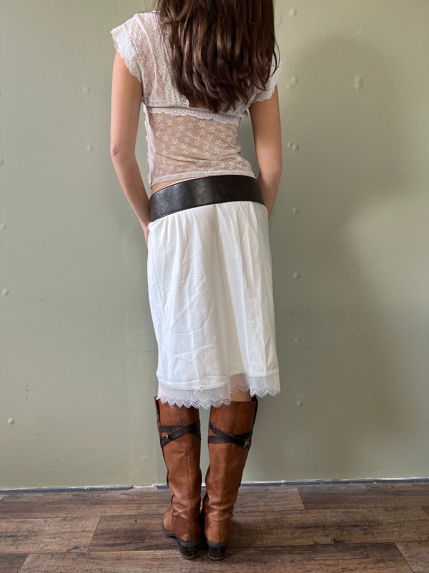 white lace trim midi slip skirt