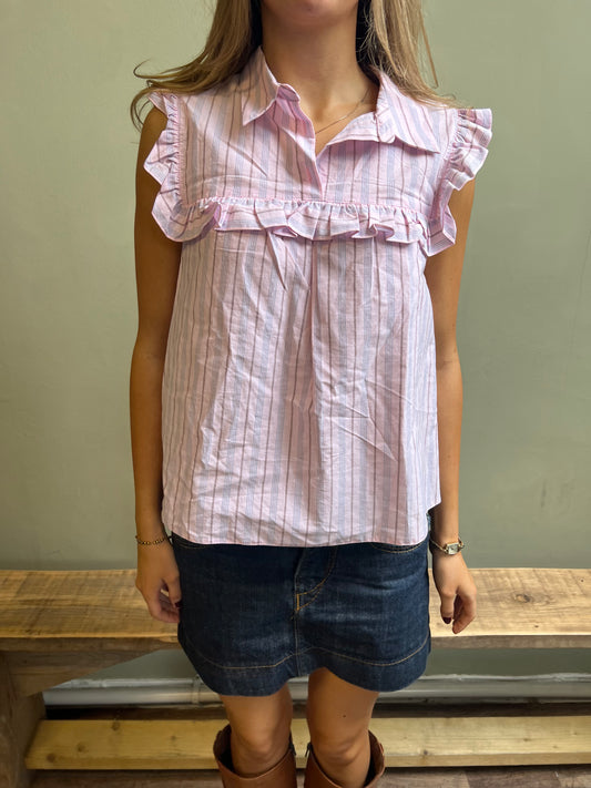 vintage 00s pink striped ruffle blouse