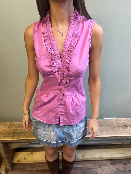 vintage 00s pink ruffle sleeveless blouse