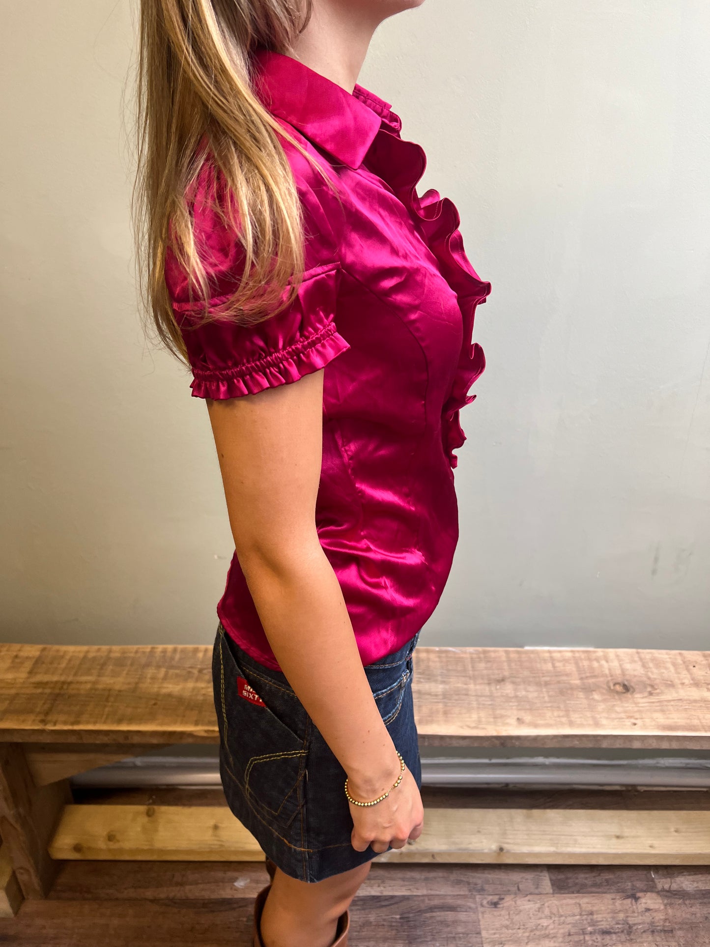 fuchsia ruffle button up blouse