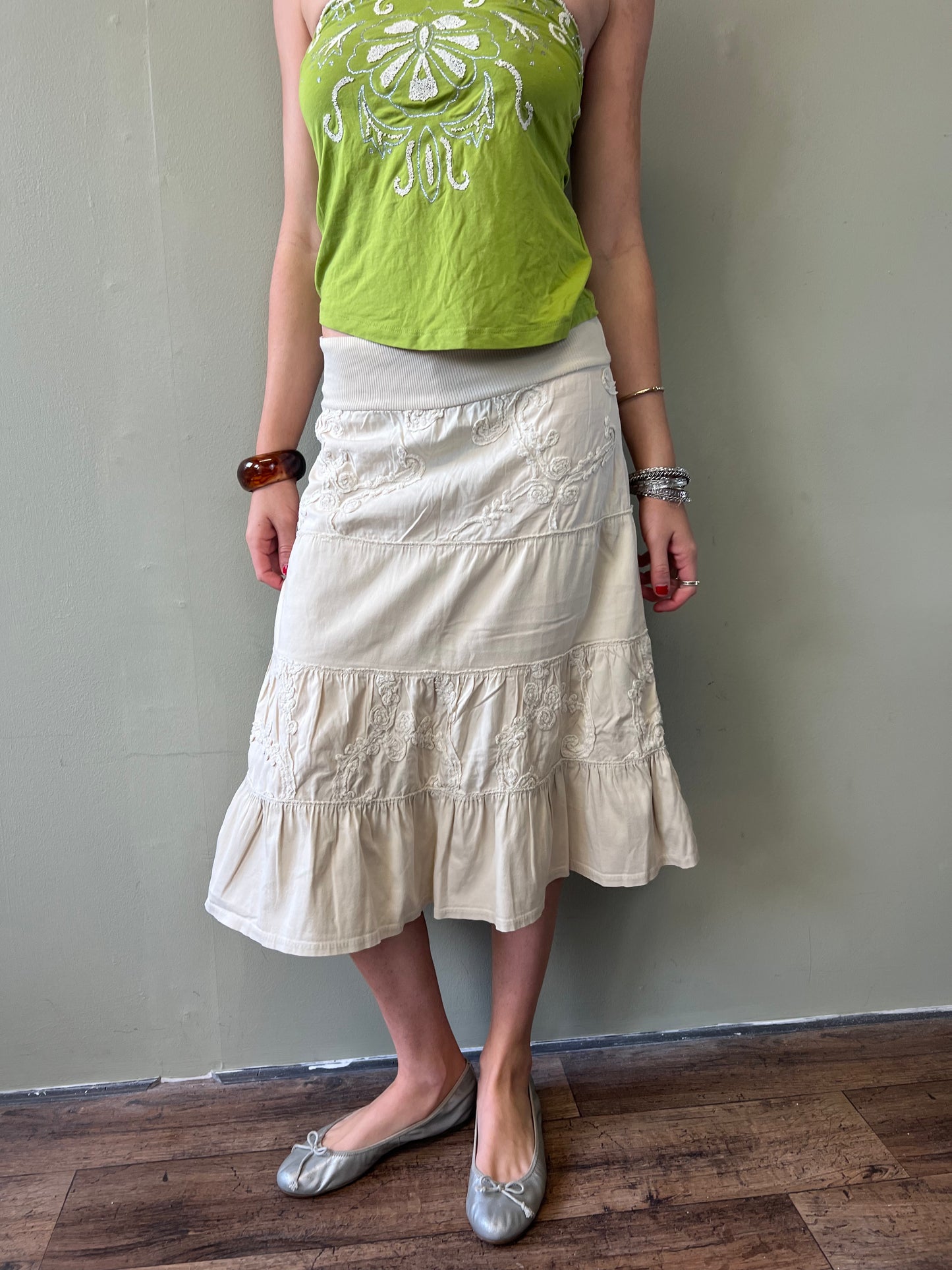 vintage cream floral tiered midi skirt