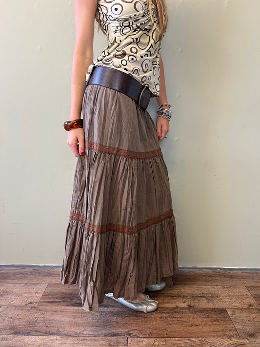 brown lace trim maxi skirt