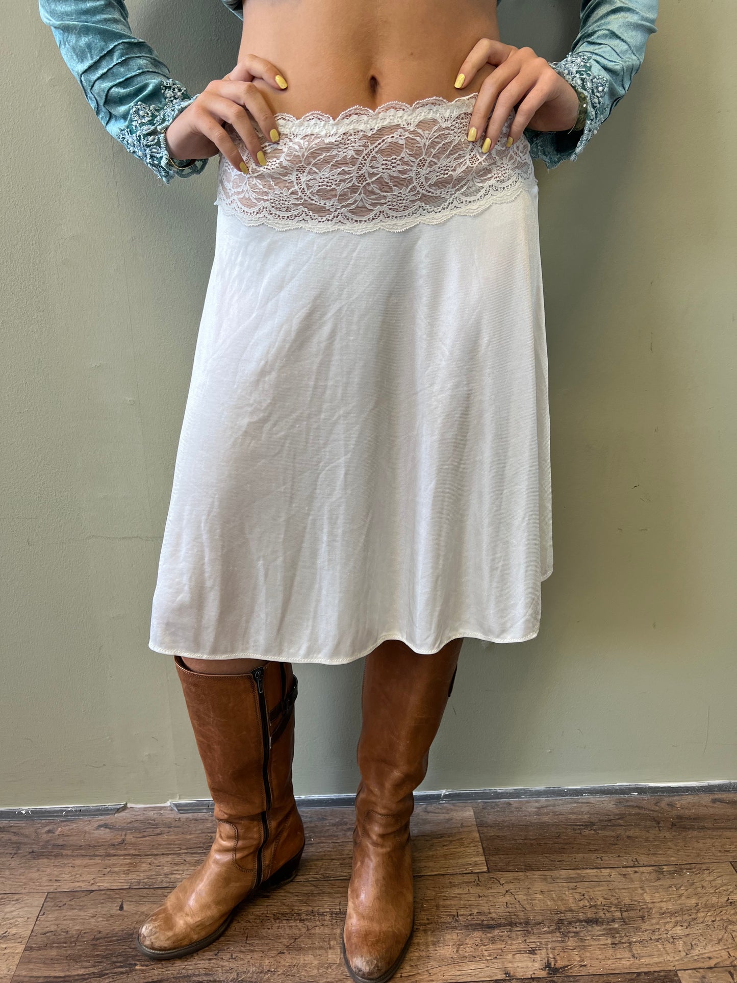 white lace midi slip skirt