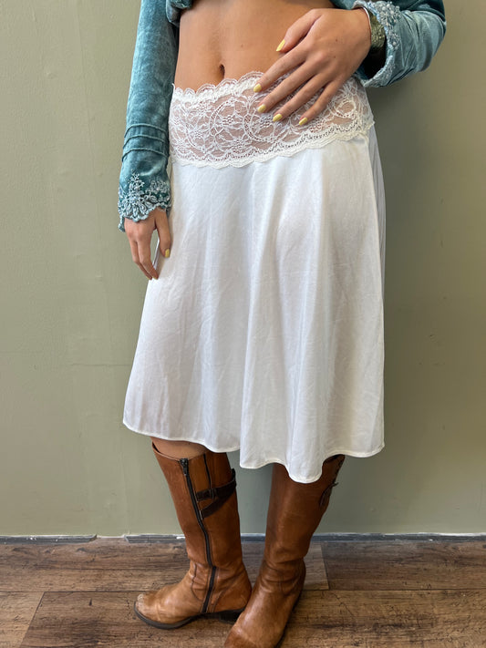 white lace midi slip skirt
