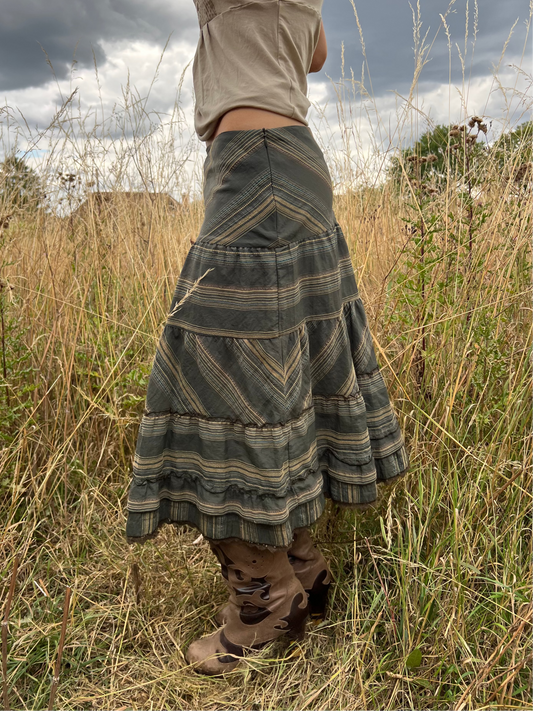 Boho green striped tiered skirt