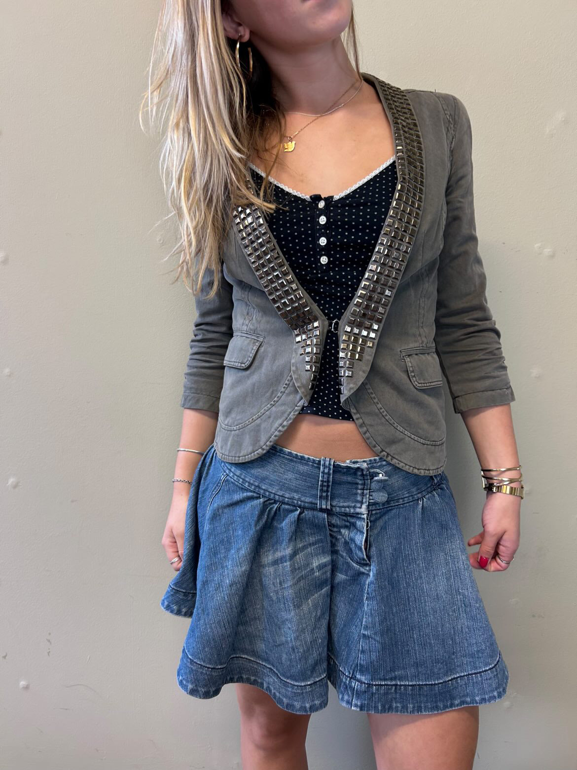 khaki studded mini jacket