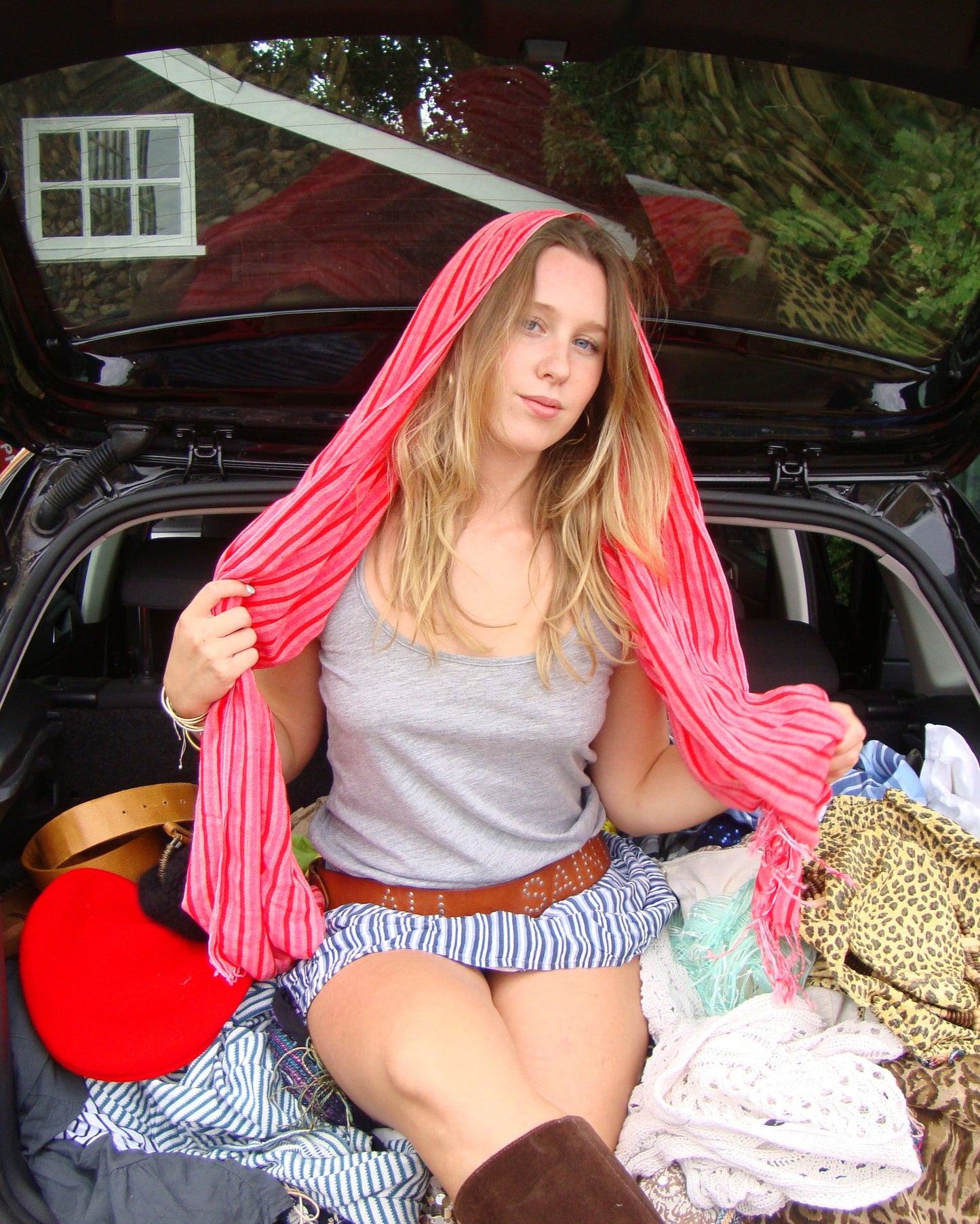 Pink stripy tassel scarf