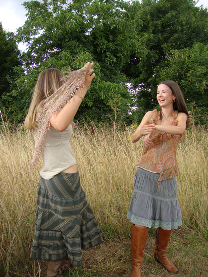 Boho green striped tiered skirt