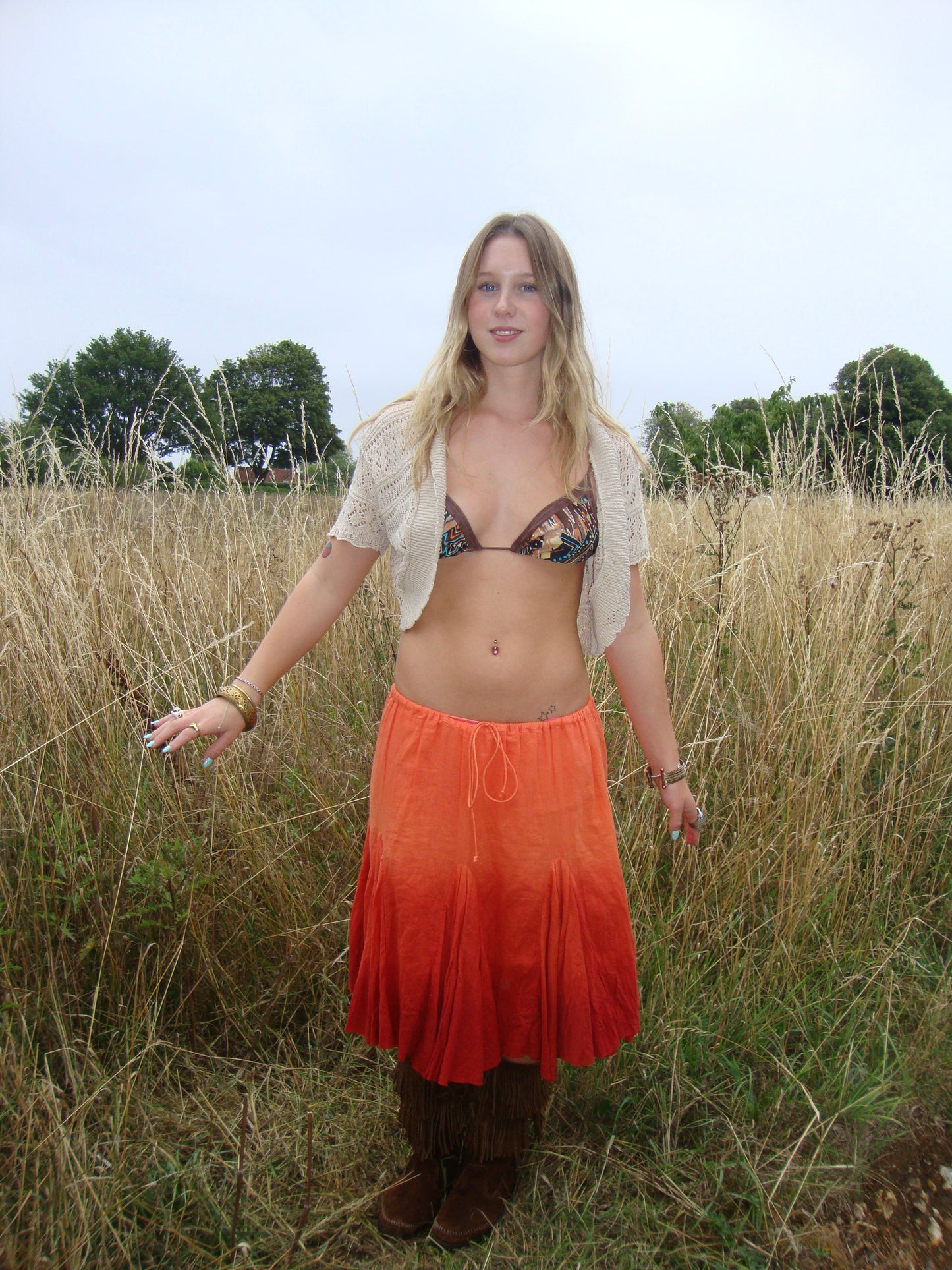 Cache cache orange floaty midi skirt