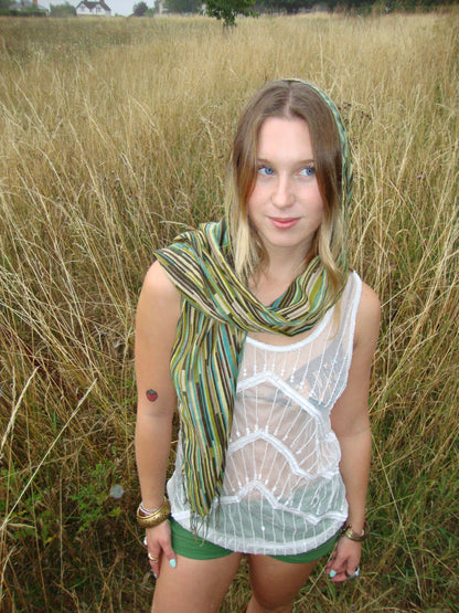 Green and brown striped tassel scarf wrap