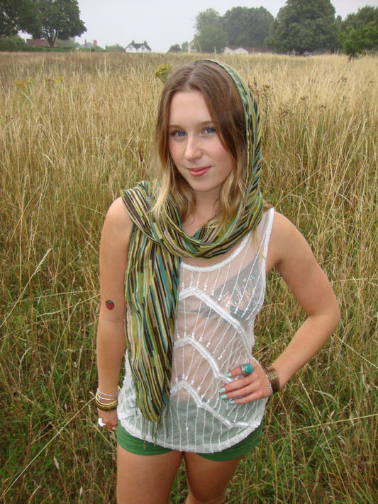 Green and brown striped tassel scarf wrap