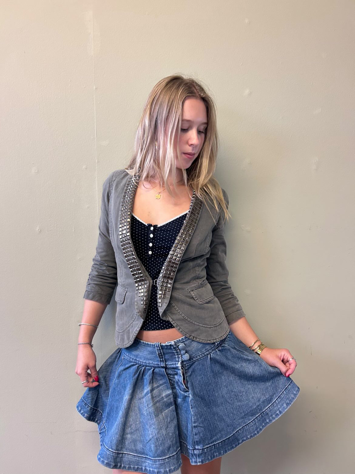 khaki studded mini jacket