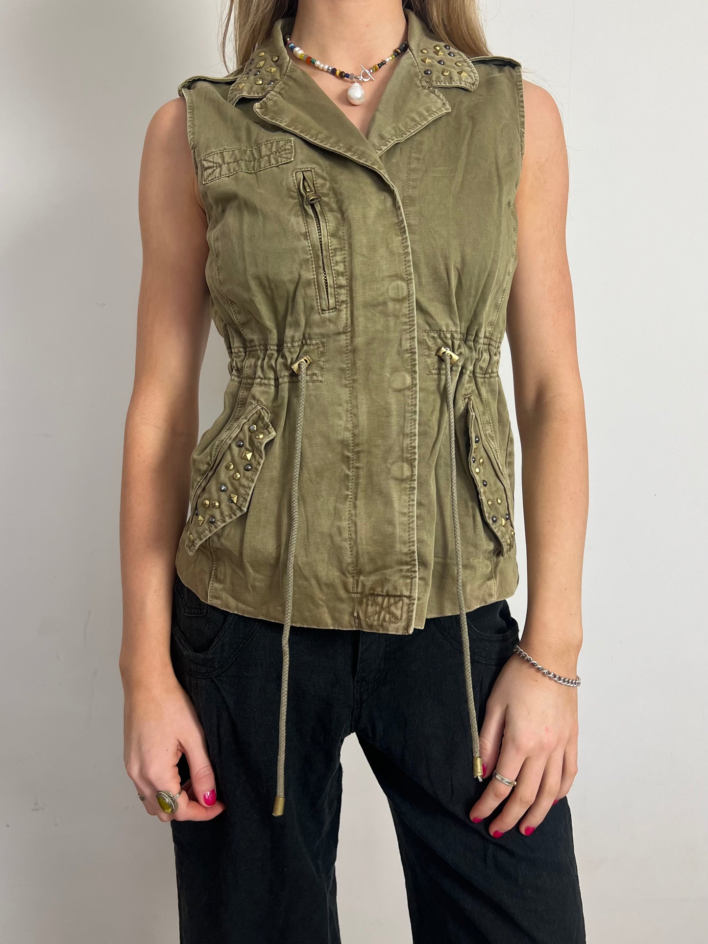 khaki studded waistcoat, S