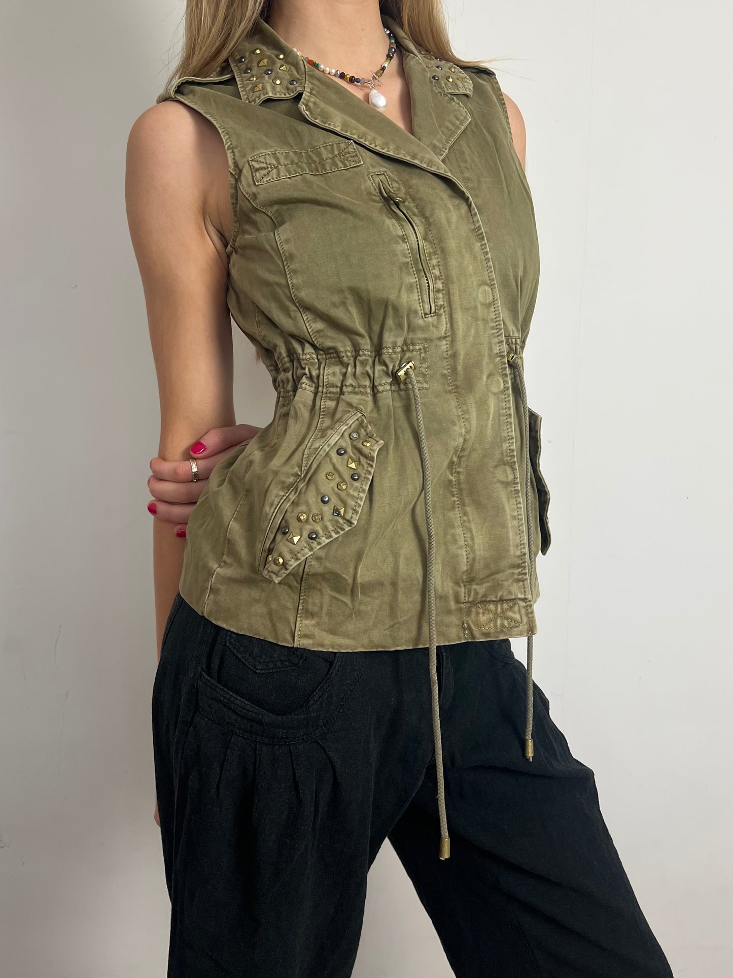 khaki studded waistcoat, S
