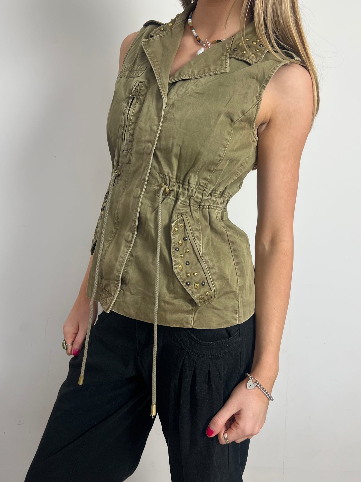 khaki studded waistcoat, S