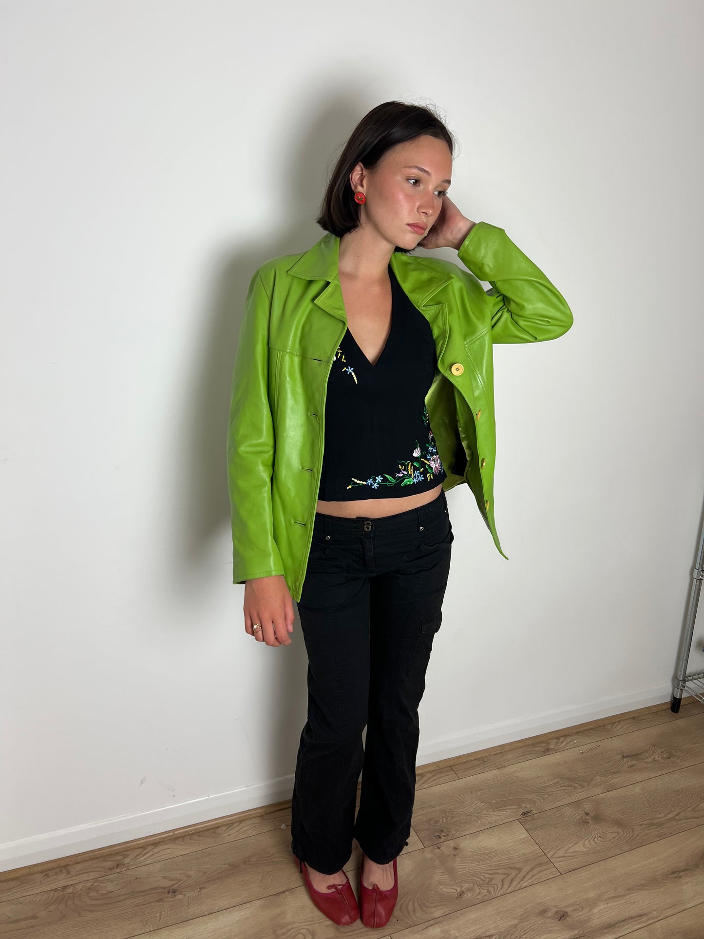 Oakwood green button up leather jacket, M