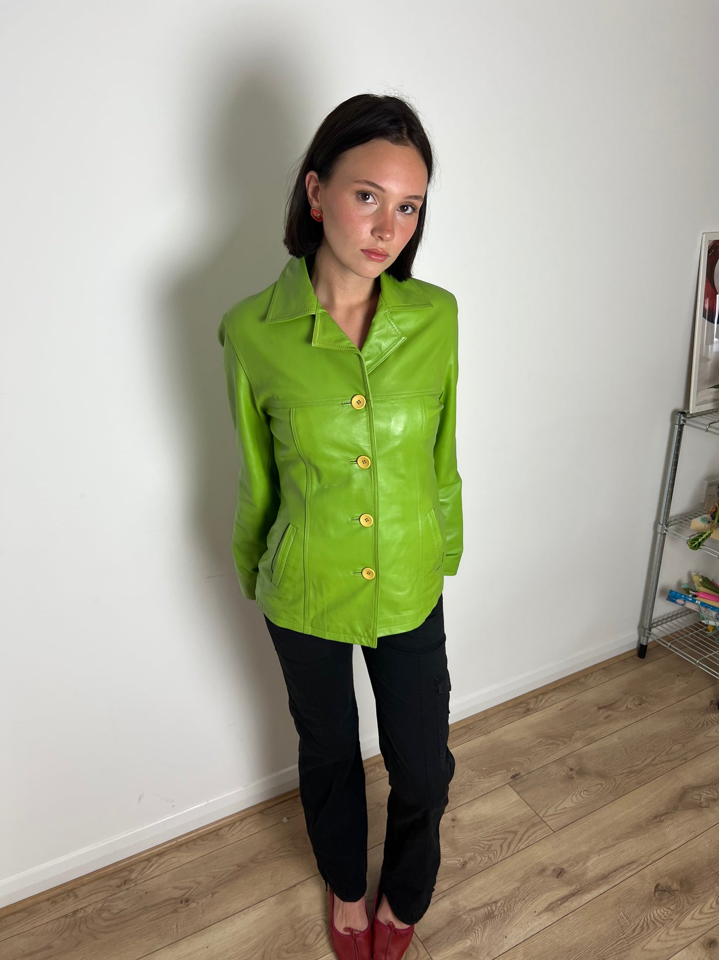 Oakwood green button up leather jacket, M