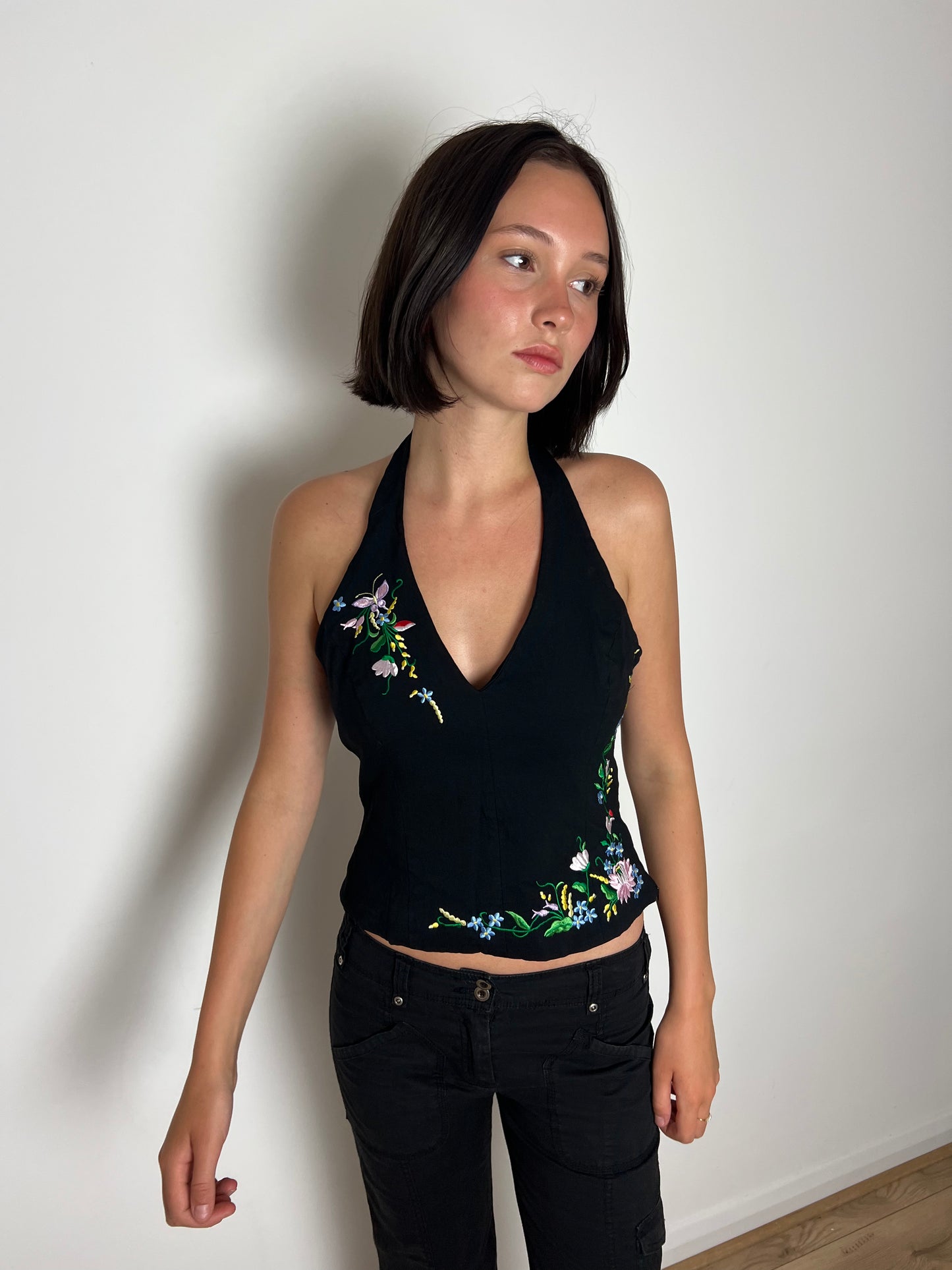Oasis black floral halter top, M