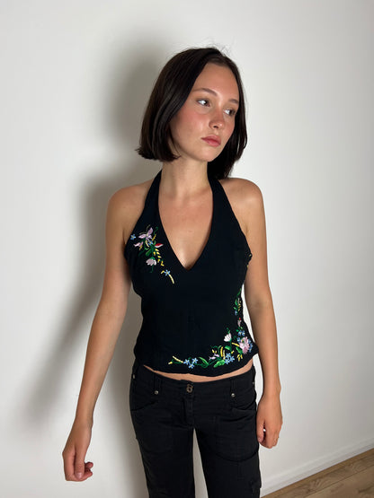 Oasis black floral halter top, M